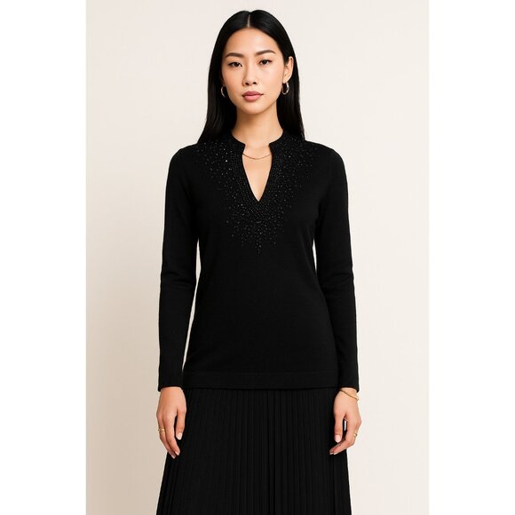 Tory Burch Merino Wool Beaded Tunic Top Black L Embellished V-Neck Long Sleeve - Picture 15 of 15